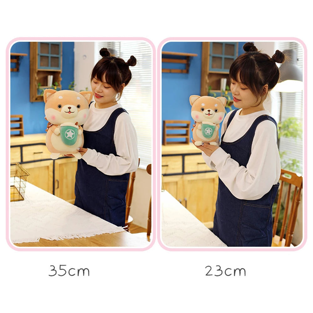 Plushie Shiba Inu buvant du bubble tea, 2 styles, 8" | 20 cm