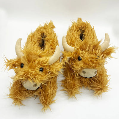 Fluffy Highland Cow Plush Slippers | Warm Indoor Animal Slides for Women & Men