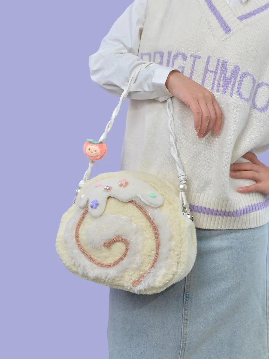 Bolso de Hombro de Peluche en Forma de Rollo de Pastel, 11"x9" | 28x23 centímetros