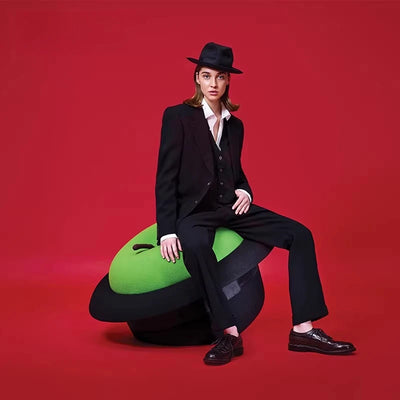 Black Hat & Apple Ottoman | plush furniture | back view