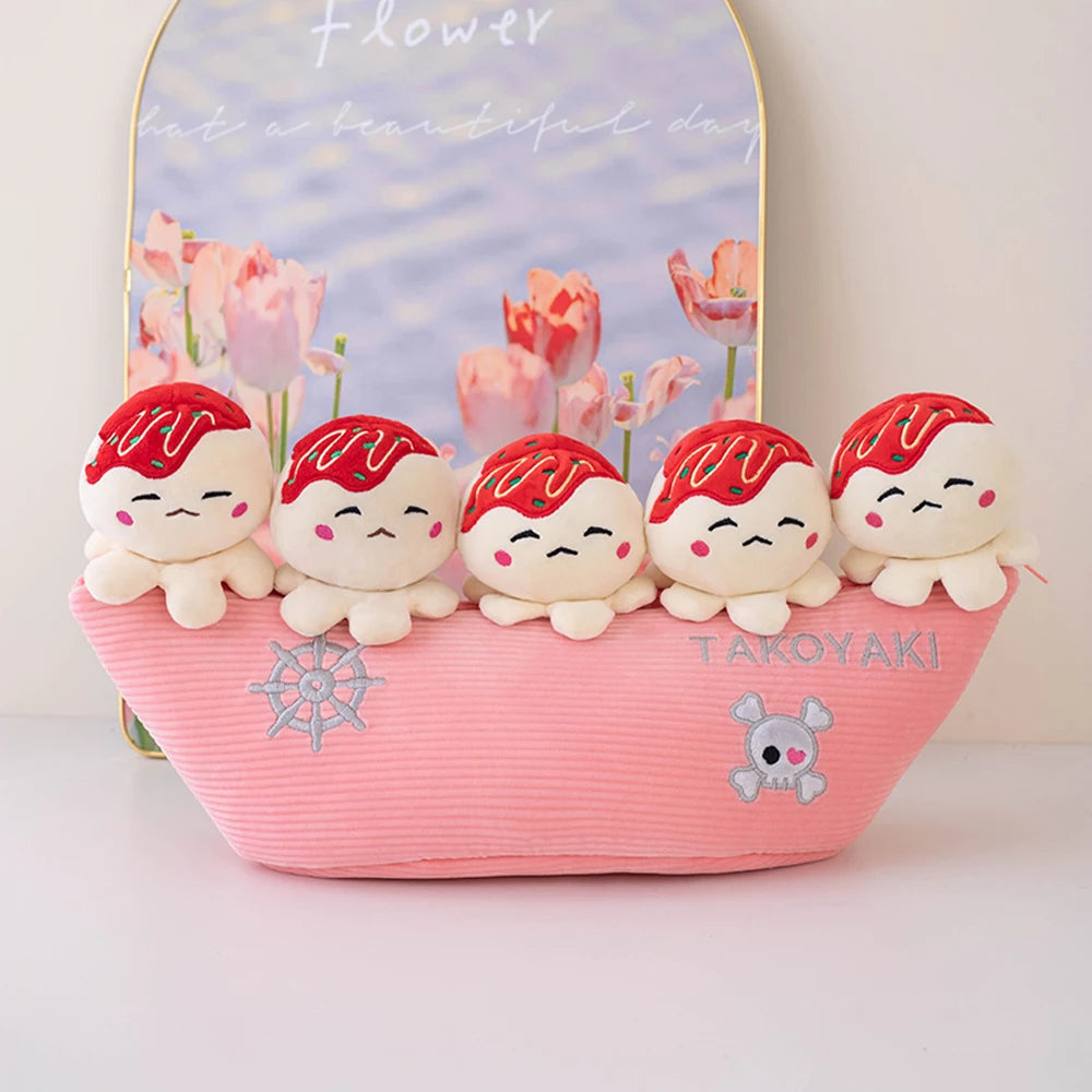 Conjunto de peluches de Takoyaki con barco de almacenamiento con cierre, 18" | 45 centímetros