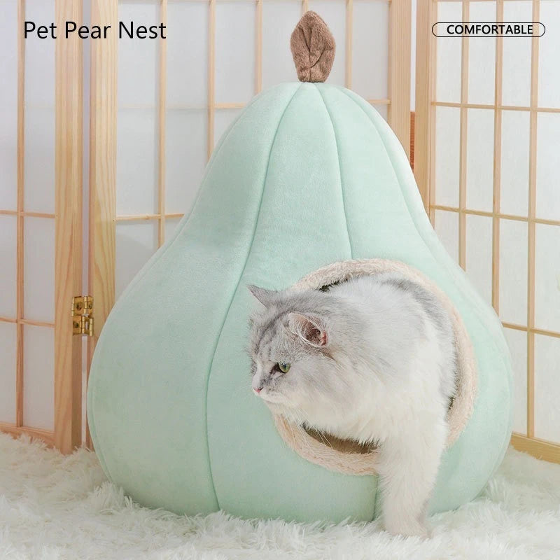 Pear-Shaped Plush Cat Bed – Cozy Semi-Enclosed Pet House
