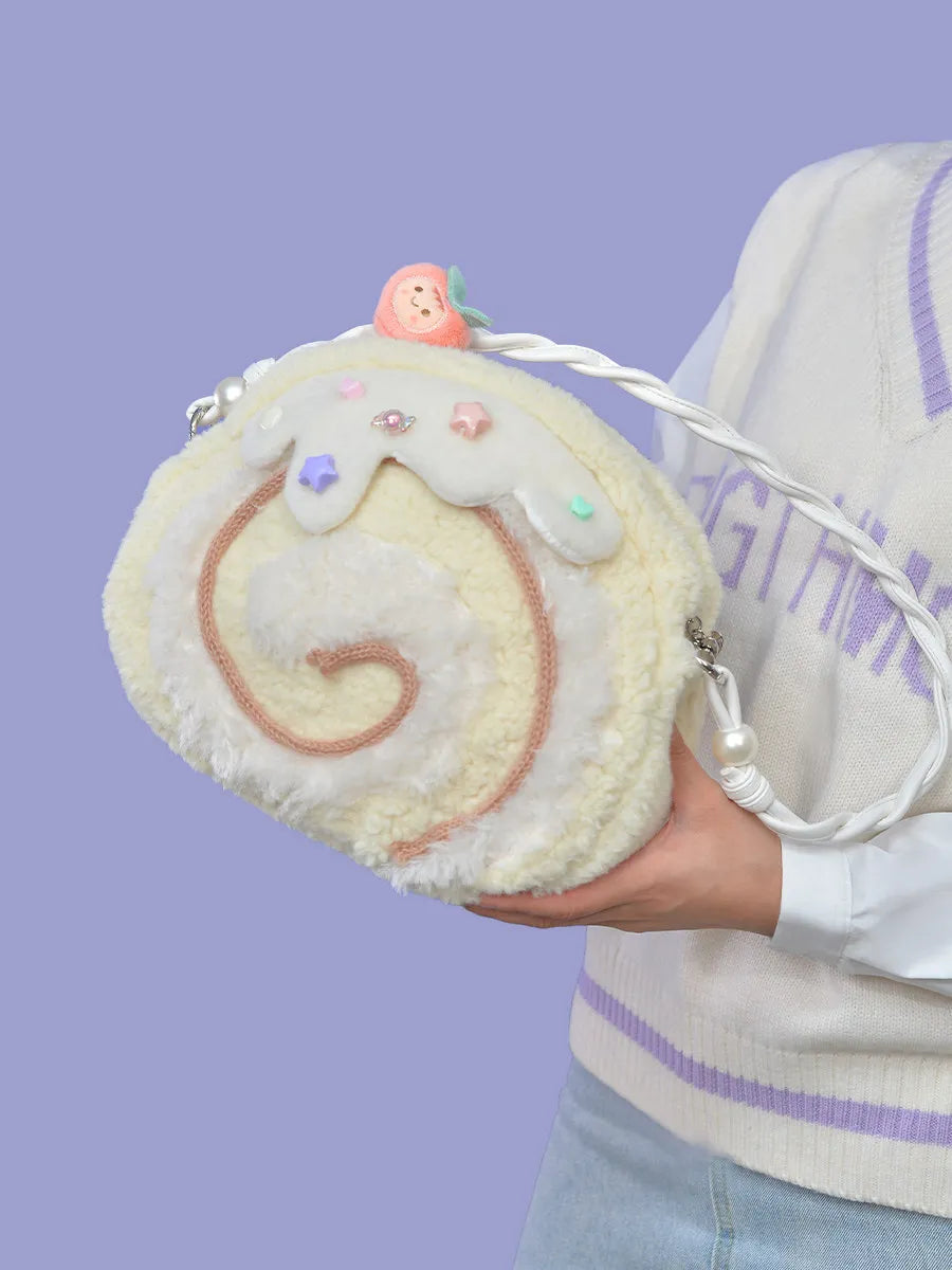 Bolso de Hombro de Peluche en Forma de Rollo de Pastel, 11"x9" | 28x23 centímetros