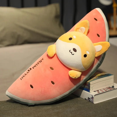 Plushie Animal Plushies in a Jumbo Watermelon Wedge, 7 Animals, 1.8-3.1' | 55-95 cm plush toy – – Yellow Shiba Inu – Image 4 | Plushie Produce