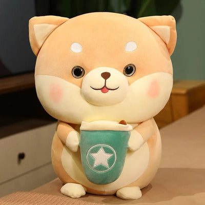 Plushie Shiba Inu Drinking Bubble Tea, 2 Styles, 8" | 20 cm plush toy – – Brown – Image 4 | Plushie Produce